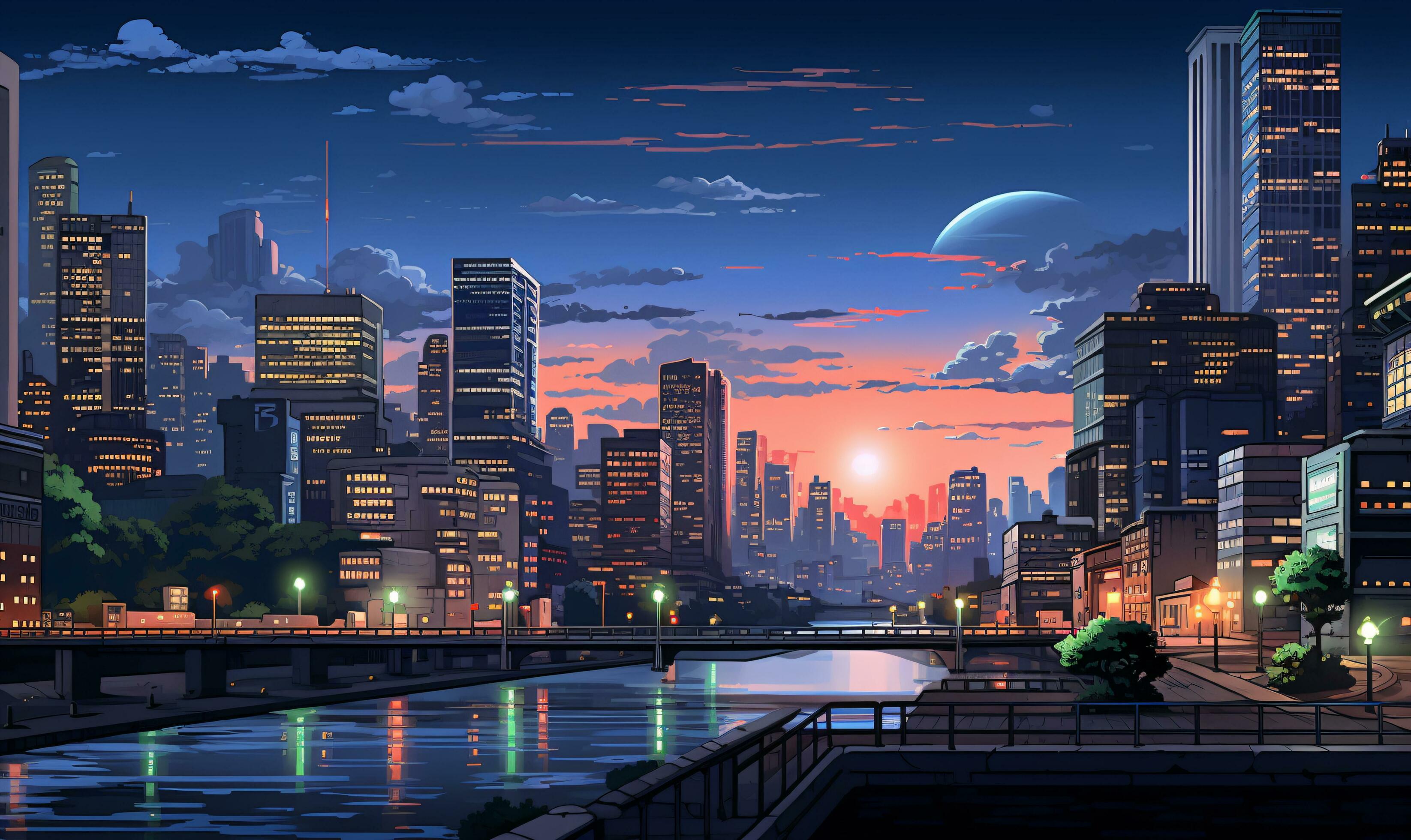 A view of a city at sunset